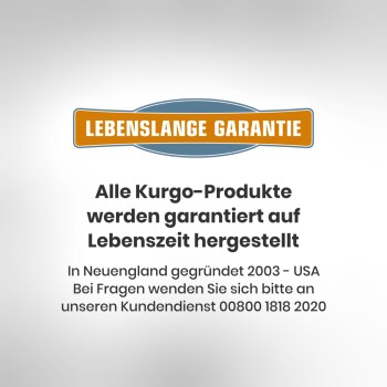 Lebenslange Garantie für Kurgo-Produkte, die auf Lebenszeit hergestellt werden. Gründung in Neuengland 2003, Kundendienstnummer 00800 1818 2020.