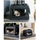 Eine schwarze Tragetasche für Haustiere mit einem Beagle darin, gezeigt in drei Einstellungen: zu Hause, im Auto und neben einem Bett.