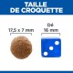 Image comparant la taille des croquettes pour animaux de compagnie (17,5 x 7 mm) à un dé bleu (16 mm), avec le texte "TAILLE DE CROQUETTE."