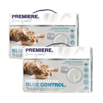 White Sensation blue control, Klumpstreu 2x12 l Zwei Beutel PREMIERE Klumpstreu für Katzen, beschriftet mit 'White Sensation Blue Control', mit einer verspielten getigerten Katze auf der Verpackung.