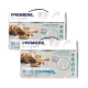 Zwei Beutel PREMIERE Klumpstreu für Katzen, beschriftet mit 'White Sensation Blue Control', mit einer verspielten getigerten Katze auf der Verpackung.