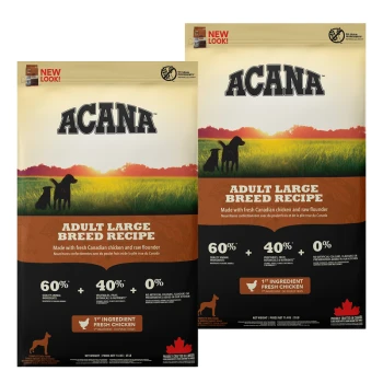 ACANA Adult Large Breed Hundefutterbeutel mit frischem kanadischen Huhn, rohem Flunder, 60% tierischen Zutaten und ohne künstliche Zusatzstoffe.