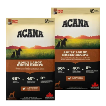 Sacs de nourriture pour chiens ACANA Adult Large Breed avec du poulet canadien frais, de la plie crue, 60 % d'ingrédients d'origine animale et sans additifs artificiels.