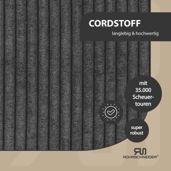 Dunkelgrauer Cordstoff mit deutschem Text, der Haltbarkeit und Robustheit hervorhebt, Marke Rohrschnieder.