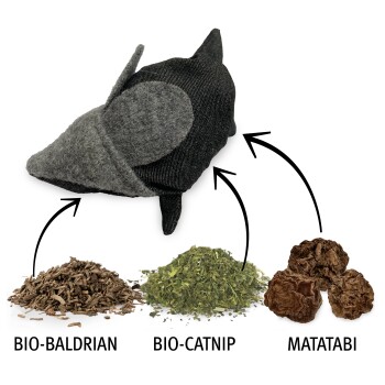 Graues und schwarzes Stoff-Katzenspielzeug mit Pfeilen, die auf Haufen von Bio-Baldrian, Bio-Katzenminze und Matatabi-Kräutern zeigen.