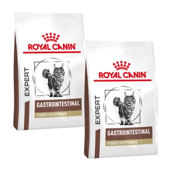 Deux sacs de nourriture pour chats Royal Canin Expert Gastrointestinal, étiquetés "Fibre Response," avec une illustration de chat et un logo de couronne rouge.
