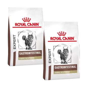 Twee zakken Royal Canin Expert Gastro-intestinaal kattenvoer, gelabeld 'Fibre Response', met een kattenillustratie en een rood kroonlogo.