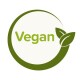 Grünes rundes Logo mit dem Wort "Vegan" in hellgrünem Text und zwei grünen Blättern, das auf ein pflanzliches Produkt hinweist.