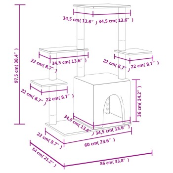 Diagramm eines mehrstöckigen Katzenbaums mit in Zentimetern und Zoll beschrifteten Abmessungen, mit Plattformen und einem gemütlichen Versteck.