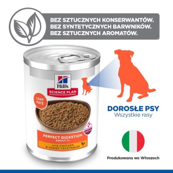 Puszka Hill's Science Plan Perfect Digestion Adult 1+ pâté; widoczny polski tekst "DOROSŁE PSY" i "BEZ SZTUCZNYCH"