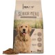 Hundefutterverpackung mit der Bezeichnung "Senior Menu", die feines Geflügel und Gemüse enthält, mit einem Golden Retriever auf der Vorderseite, 10 kg Größe.
