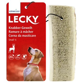 Ein Hundekauhorn, das auf einem roten Hintergrund mit "LECKY" beschriftet ist, mit einem Hund, der nach oben schaut. Der Text enthält "100% NATÜRLICH", "SENSIC" und "FETTARM".