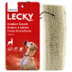 Un bois à mâcher pour chien en forme de bois de cerf étiqueté "LECKY" sur un fond rouge, avec un chien regardant vers le haut. Le texte inclut "100 % NATUREL," "SENSIC," et "FAIBLE EN GRAS."