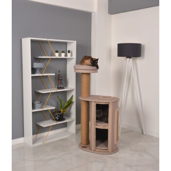 Ein beiger Katzenbaum mit zwei Ebenen und einem Kratzbaum steht neben einem weißen Bücherregal. Eine braune Katze liegt oben, und eine graue Katze schaut unten heraus.