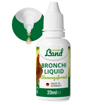 20ml Flasche Hühner Land Bronchi Liquid mit Hühnergrafik, Tropfer, beschriftet 'Atemwegsformel', hergestellt in Deutschland.