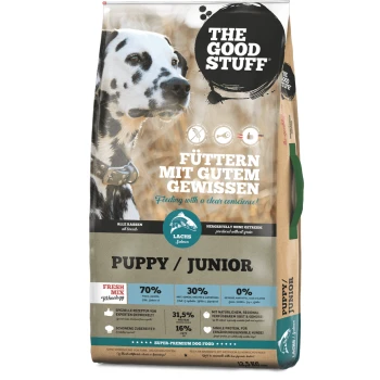 Un sac de nourriture pour chiens super premium "The Good Stuff" pour chiots, avec un dalmatien et un texte sur des ingrédients de qualité en allemand et en anglais.