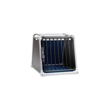 Boîte de transport EcoLine trois M Une cage moderne pour animaux de compagnie avec un cadre blanc et des barres noires, présentant un intérieur bleu et un mécanisme de verrouillage sur le côté.