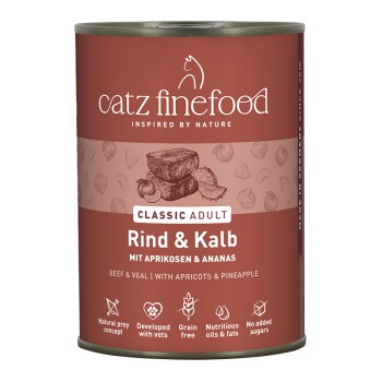 Puszka karmy dla kotów Catz Finefood Classic Adult Rind & Kalb (wołowina i cielęcina) z morelami i ananasem