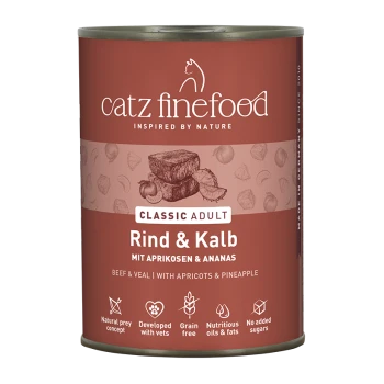Dose Catz Finefood Classic Adult 'Rind & Kalb' (Beef & Veal) mit Aprikosen und Ananas.