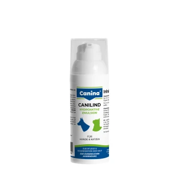 Canina CANILIND Pumpflasche, Hydroaktive Emulsion — Etikett mit blauer Hunde- und grüner Katzensilhouette und dem Text 'Für Hunde & Katzen'.