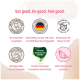 Banner: 'Eat good. Do good. Feel good.' Abzeichen: Mit Tierärzten entwickelt; 90-Tage-Geld-zurück; 70% Frische Pute und Huhn