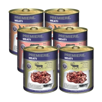 Sechs Dosen PREMIERE MEATI Haustierfutter, mit Geschmacksrichtungen wie Hühnerherzen, Rindfleisch und Rentier, mit einem Fokus auf Fleischliebhaber.