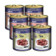Sechs Dosen PREMIERE MEATI Haustierfutter, mit Geschmacksrichtungen wie Hühnerherzen, Rindfleisch und Rentier, mit einem Fokus auf Fleischliebhaber.