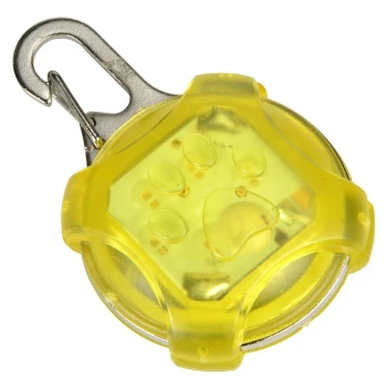 Gele LED-huisdierveiligheidslamp met een pootafdrukontwerp, met een metalen clip voor bevestiging.