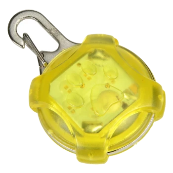 Lumière de sécurité LED jaune pour animaux de compagnie avec un design de patte, dotée d'un clip en métal pour l'attache.