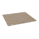 Eine beigefarbene Tiermatte mit gestepptem Design, ausgestattet mit einem kleinen roten Etikett und einem grünen Label, auf dem "Doctor Bark" steht.
