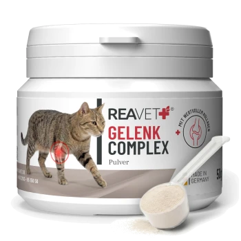 Behälter mit REAVET Gelenk Complex Pulver für Katzen, mit einem Bild einer getigerten Katze, dem Etikett "Hergestellt in Deutschland" und einem Gewicht von 50 g.