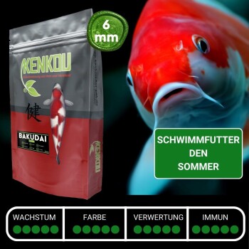 Kenkou Bakudai Fischfutterbeutel, '6 mm', mit Koi-Illustration und dem Text 'SCHWIMMFUTTER DEN SOMMER', plus Bewertungen für Wachstum und Farbe.