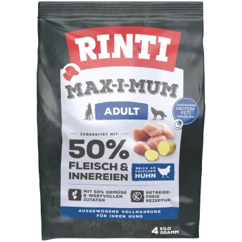 Rinti Max-I-Mum Adult Hundefutterbeutel mit 50 % Fleisch und Innereien, frischem Huhn, Gemüse, getreidefrei, 4 kg.