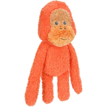 Ein plüschiger orangefarbener Affen-Spielzeug mit einem lächelnden Gesicht und weicher, flauschiger Textur, entworfen für Haustiere.