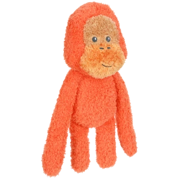 Ein plüschiger orangefarbener Affen-Spielzeug mit einem lächelnden Gesicht und weicher, flauschiger Textur, entworfen für Haustiere.