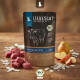 LIEBESGUT 'Bio‑Rind für Kitten' Beutel mit Kuhillustration, rohen Rindfleischwürfeln, Kokosflocken, Apfelscheiben und Birne
