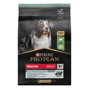 Adult Medium Sensitive Digestion OPTIDIGEST Lamm 3kg Purina Pro Plan Medium Adult Hundefutterpackung, mit einem Hund auf der Vorderseite, beschriftet "Sensitive Digestion", "High Protein" und "No. 1 Ingredient Lamb."