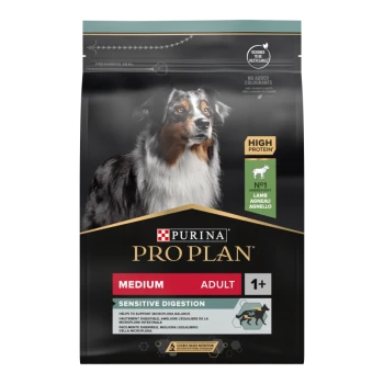 Purina Pro Plan Medium Adult Hundefutterpackung, mit einem Hund auf der Vorderseite, beschriftet "Sensitive Digestion", "High Protein" und "No. 1 Ingredient Lamb."