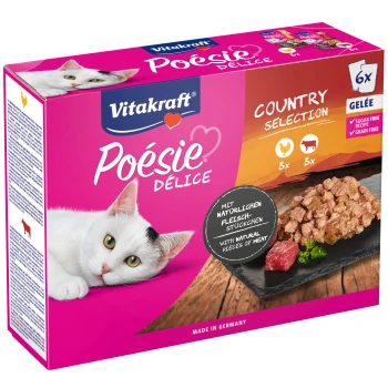 Poésie Delice Adult 6x85g Huhn und Rind, in Gelee Vitakraft Poésie Délice Katzenfutterverpackung mit einer weißen Katze, mit dem Etikett "Country Selection" und Bildern von Fleischstücken.