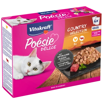 Vitakraft Poésie Délice Katzenfutterverpackung mit einer weißen Katze, mit dem Etikett "Country Selection" und Bildern von Fleischstücken.