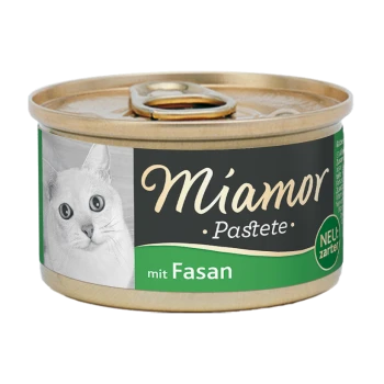 Boîte de nourriture pour chat étiquetée 'Miamor Pastete mit Fasan', avec le visage d'un chat blanc sur le côté et 'NEU: zarter' indiquant une nouvelle texture plus douce.