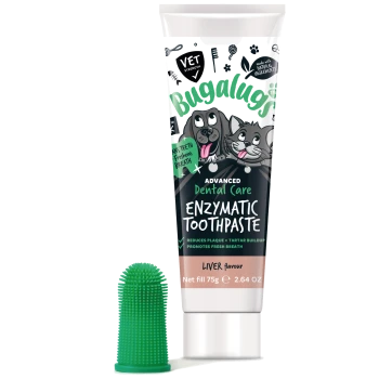 Tube Bugalugs enzymatische Zahnpasta für Haustiere mit Hund- und Katzenillustrationen, Lebergeschmack und einer grünen Silikonzahnbürste.