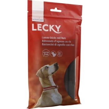 Sticks 5 Stk Lamm und Reis Rote Verpackung für Lecky Lammsticks mit Reis, mit einem Hund auf der Vorderseite und Etiketten, die "glutenfrei" und "Reis" anzeigen.