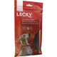 Rote Verpackung für Lecky Lammsticks mit Reis, mit einem Hund auf der Vorderseite und Etiketten, die "glutenfrei" und "Reis" anzeigen.