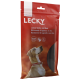 Rote Verpackung für Lecky Lammsticks mit Reis, mit einem Hund auf der Vorderseite und Etiketten, die "glutenfrei" und "Reis" anzeigen.