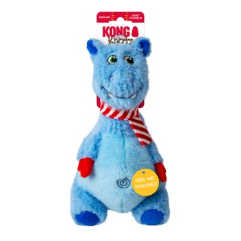 Blue plush hippo dog toy with red and white scarf, red paws, and tag reading "FEEL ME! TOUCHEZ!" from KONG brand.