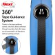 A blue flexi dog leash featuring a 360° tape guidance system, with text explaining its jam-free extension capability.
