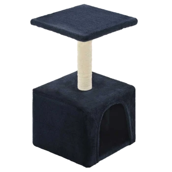 Dunkelblauer Katzenbaum mit einer quadratischen oberen Plattform, einem mit Sisal umwickelten Kratzbaum und einem gemütlichen, würfelförmigen Versteck an der Basis.