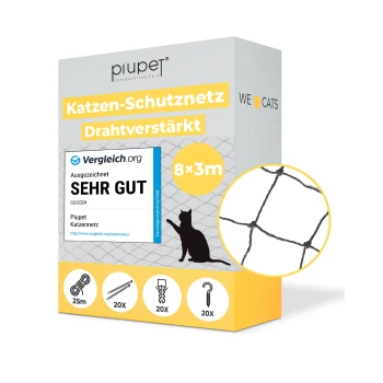 Box mit Piupet Katzenschutznetz, 8x3m, mit einem schwarzen Netzdesign, einer Katzensilhouette und dem Etikett 'SEHR GUT' für Qualität.