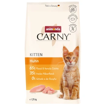 Packung von animonda CARNY Kittenfutter mit einer Katze und Stückchen Hähnchen. Wichtige Details: 65% Fleisch- und tierische Zutaten, 35% frisches Hähnchen, 0% Getreide.